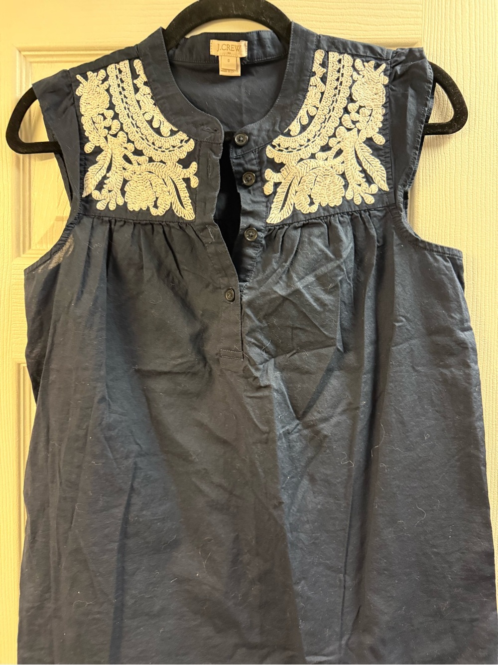 J. Crew Navy Sleeveless Top with Cream Embroidered Yoke